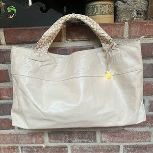 Rabeanco Cream Leather Tote Shoulder Bag with Braided Straps